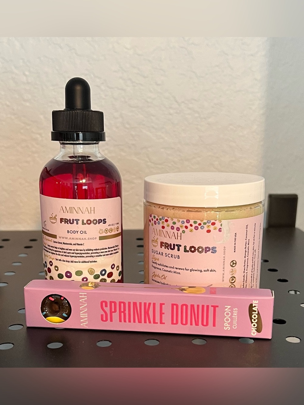 AMINNAH Fruit Loops Body Oil & Sugar Scrub Set with Sprinkle Donut Spoon NWOT